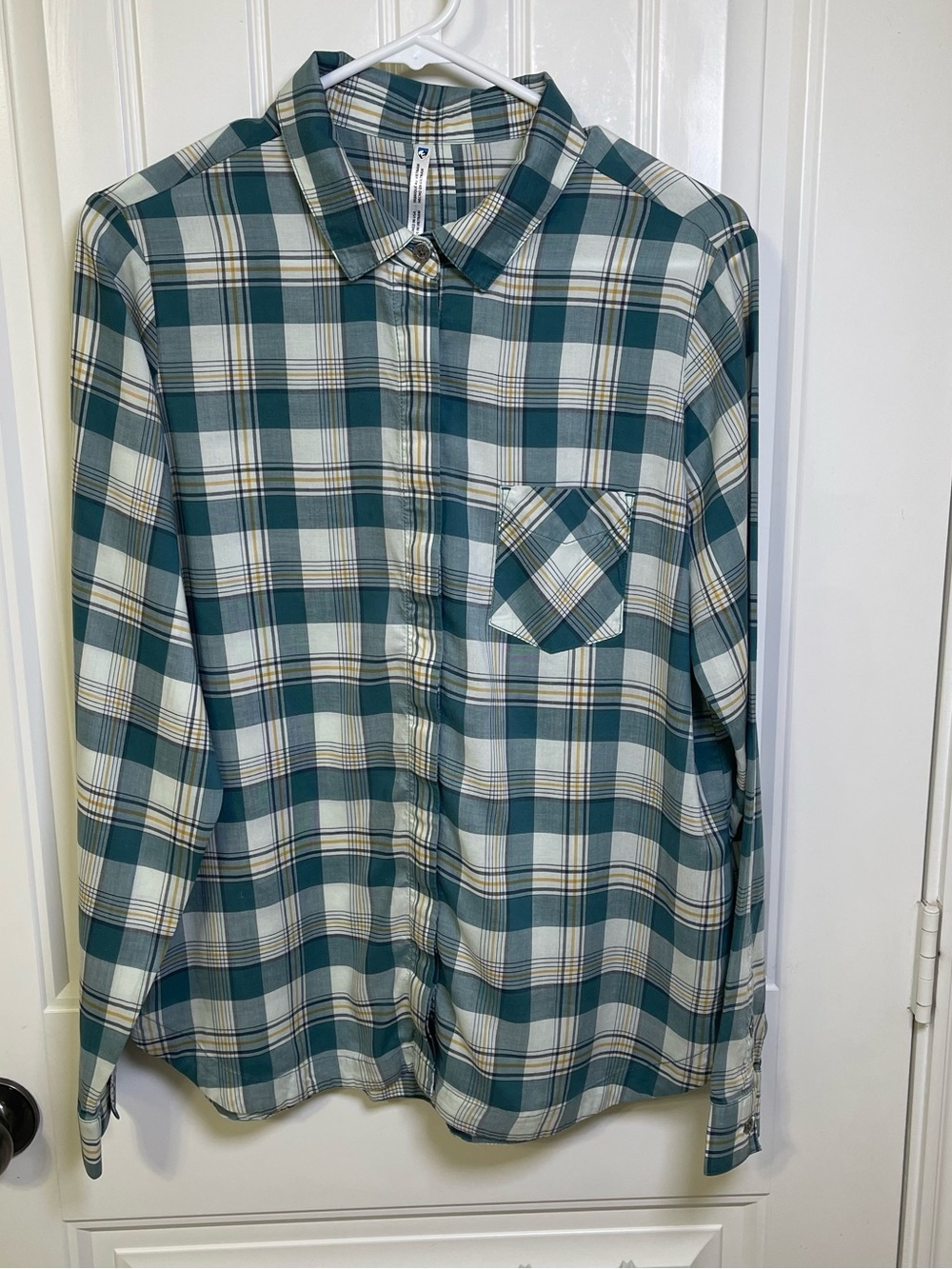 Kuhl Women’s Hadley Large 100% Tencel Plaid Long Sleeve Button Up Shirt Teal